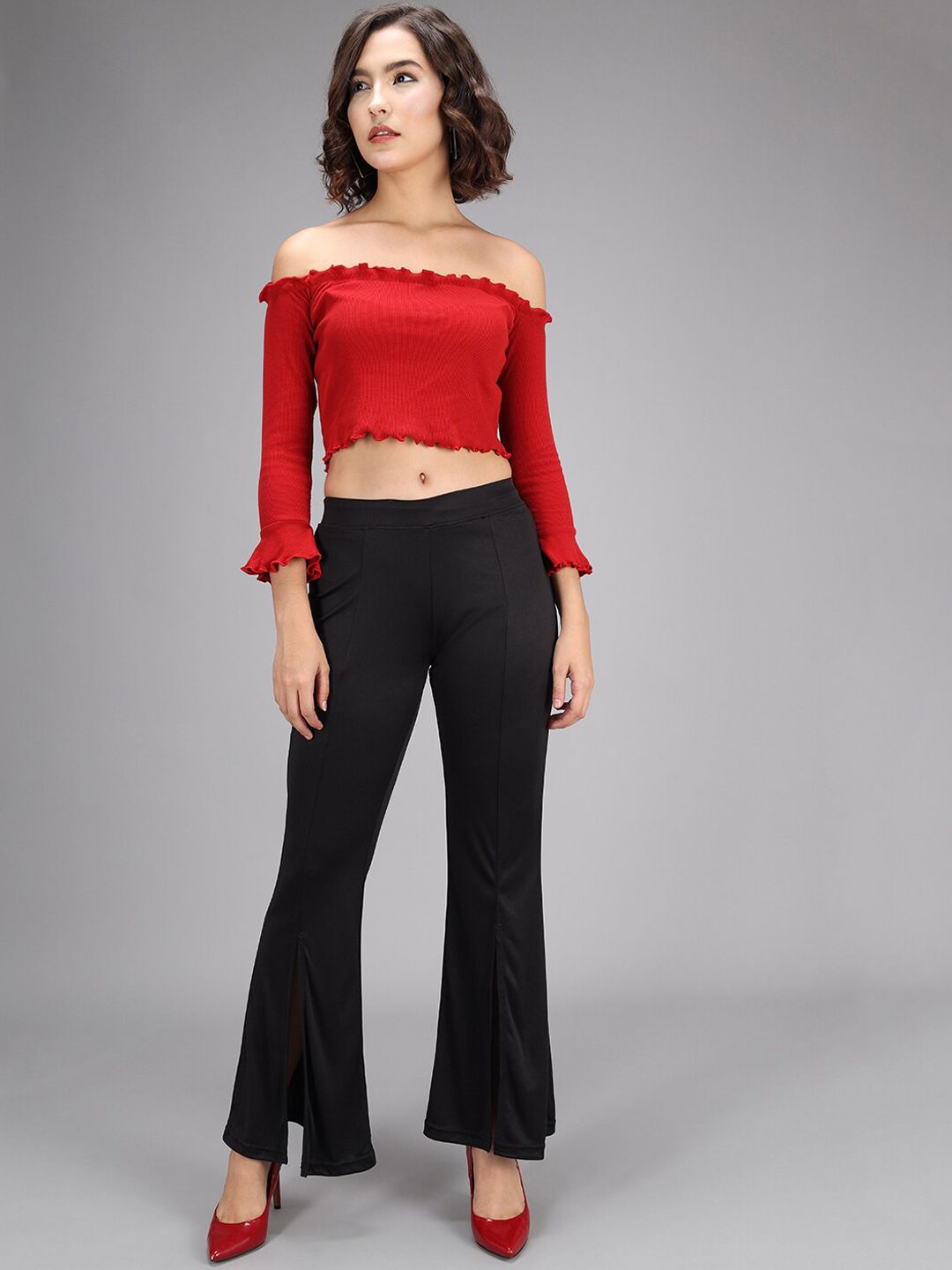 Kotty Women Black Flared High-Rise Bootcut Trousers