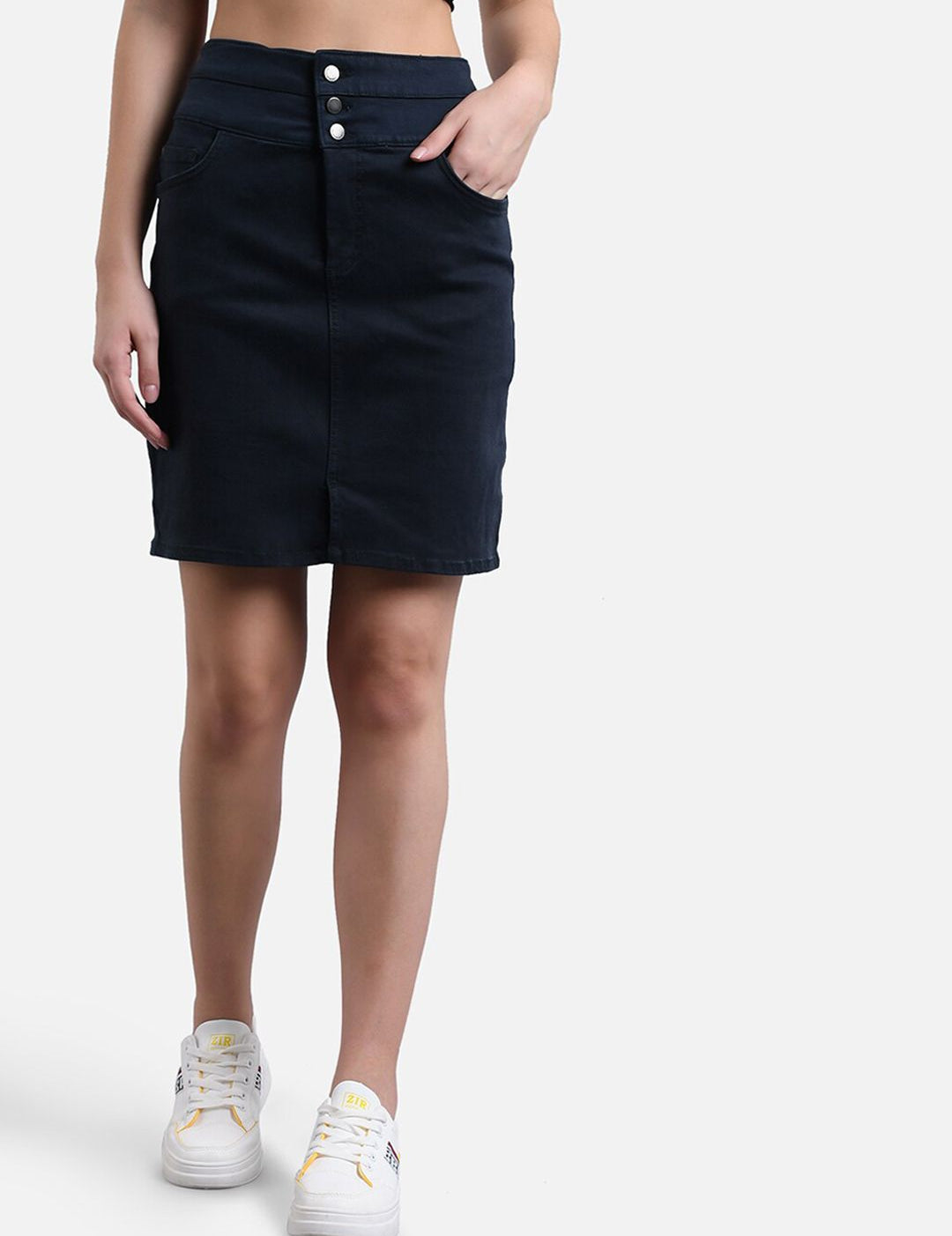 Kotty Women Navy Blue Solid Denim Pencil Skirt