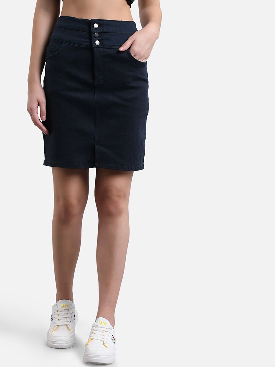 Kotty Women Navy Blue Solid Denim Pencil Skirt