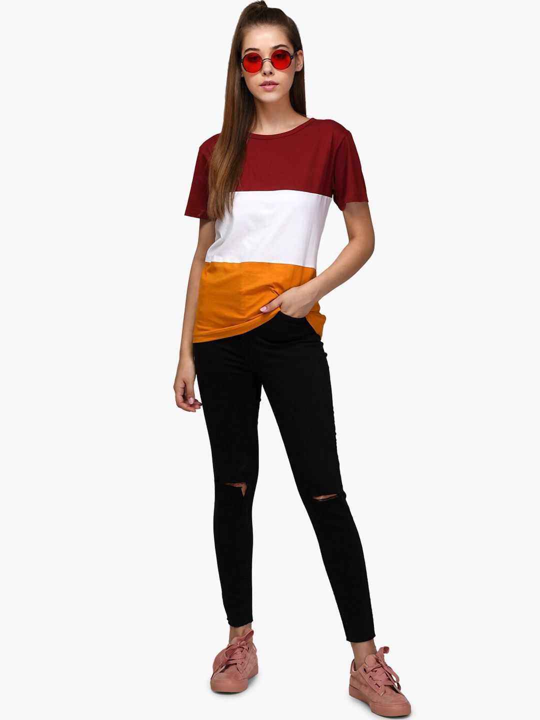 Kotty Women Red & White Colourblocked Round Neck T-shirt