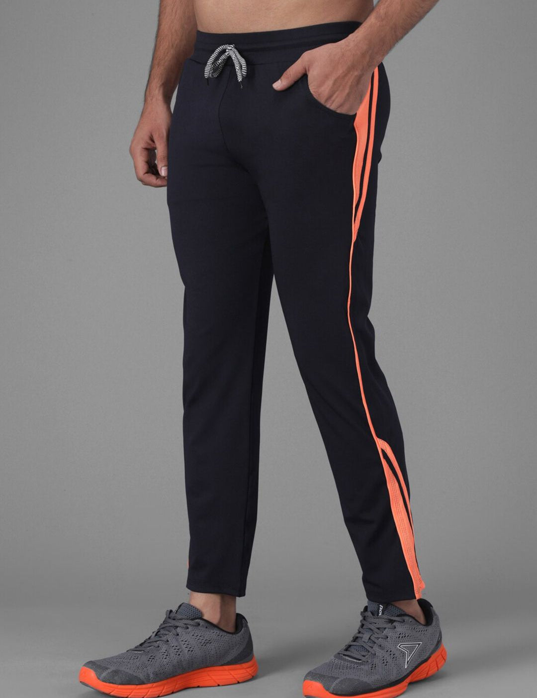 Kotty Men Navy Blue & Orange Striped Slim-Fit Track Pants