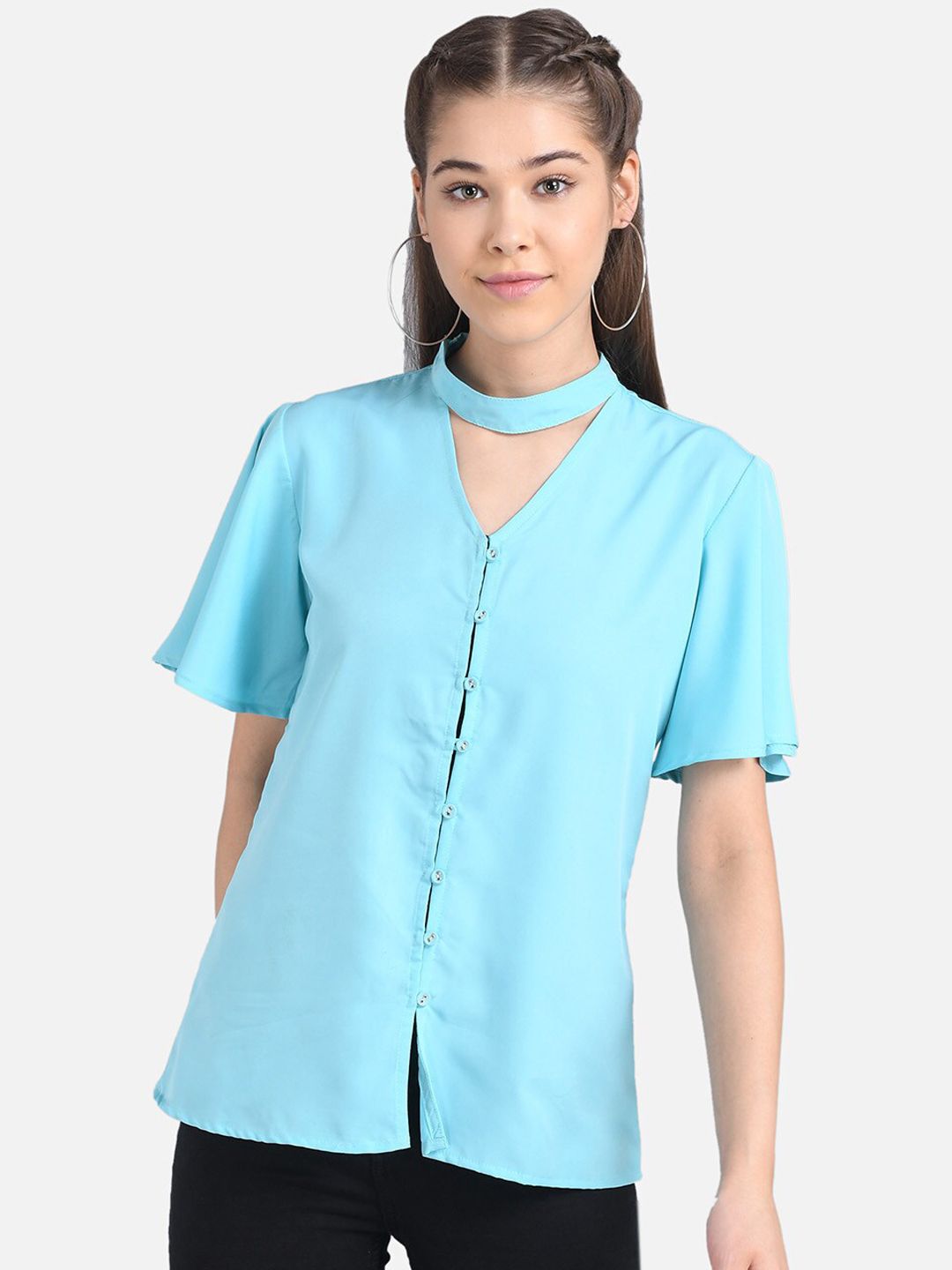Kotty Women Turquoise Blue Solid Pure Cotton Top