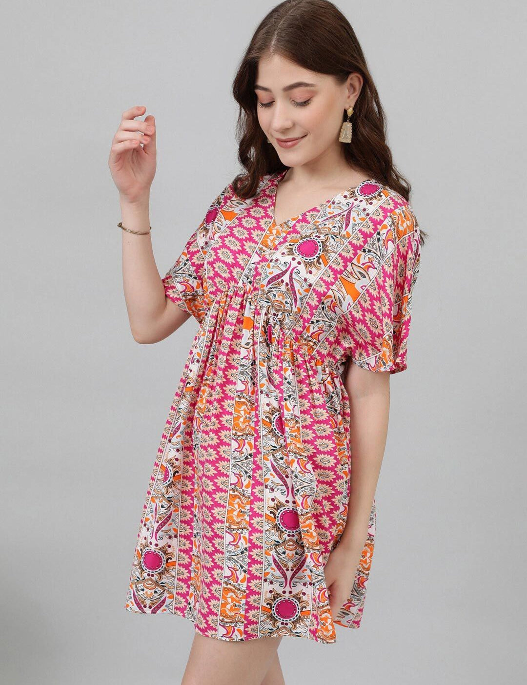Kotty Pink & White Ethnic Motifs Printed Flared Sleeves Empire Mini Dress