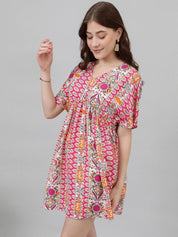Kotty Pink & White Ethnic Motifs Printed Flared Sleeves Empire Mini Dress