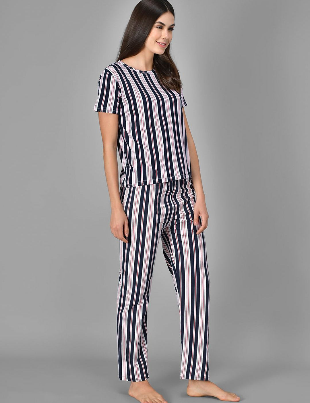 Kotty Women Blue & White Striped Night Suit