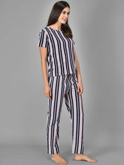 Kotty Women Blue & White Striped Night Suit