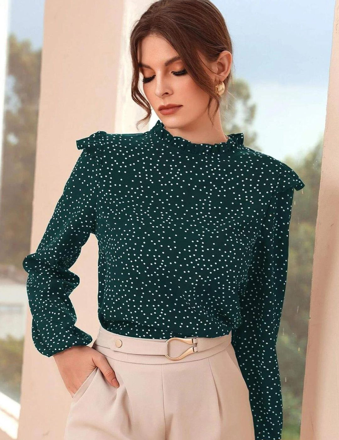 Kotty Polka Dot Print Puff Sleeve Ruffles Crepe Top