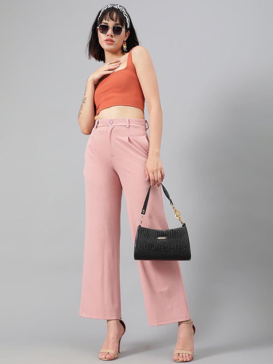 KOTTY BIZwear Women Pink Relaxed Straight Leg Fit High-Rise Easy Wash Parallel Trousers