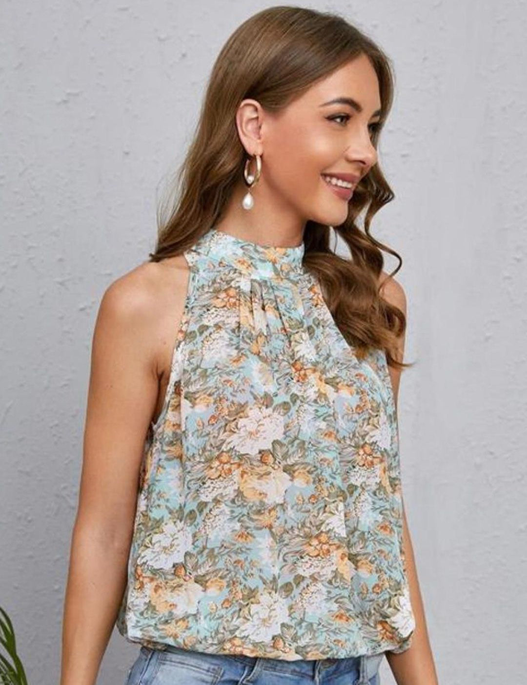 Kotty Blue Floral Printed High Neck Top