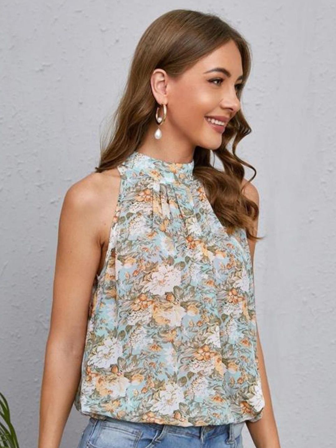 Kotty Blue Floral Printed High Neck Top