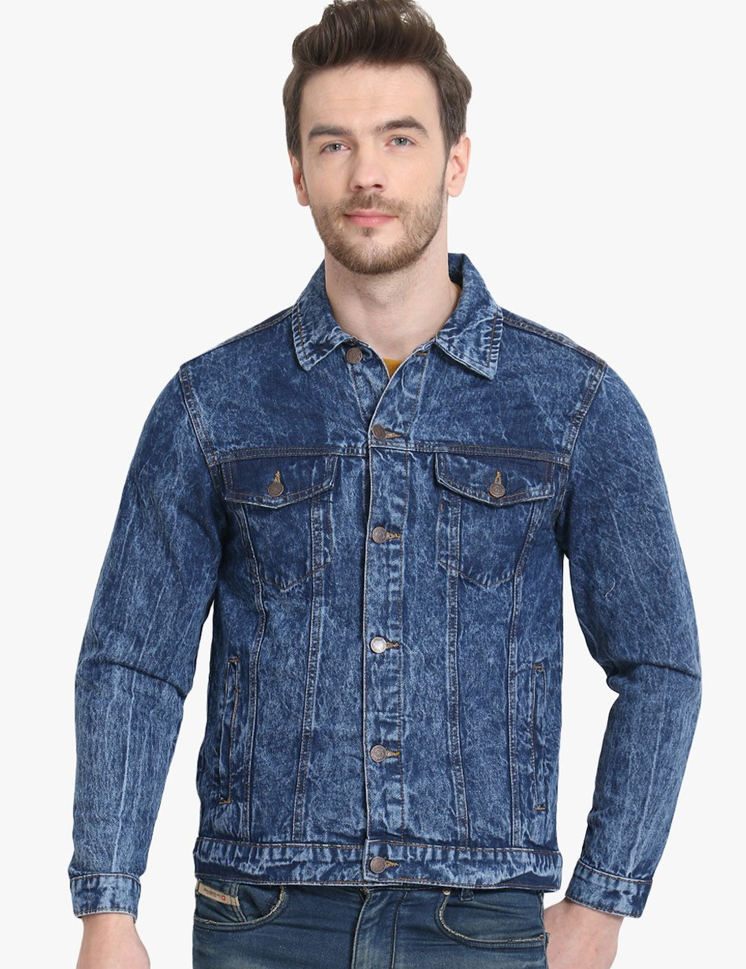 Kotty Men Blue Solid Denim Jacket