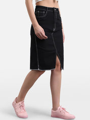 Kotty Women Black Solid Denim Straight Skirt