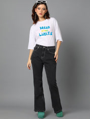 Kotty White Typography Printed Drop-Shoulder Sleeves Oversized T-shirt