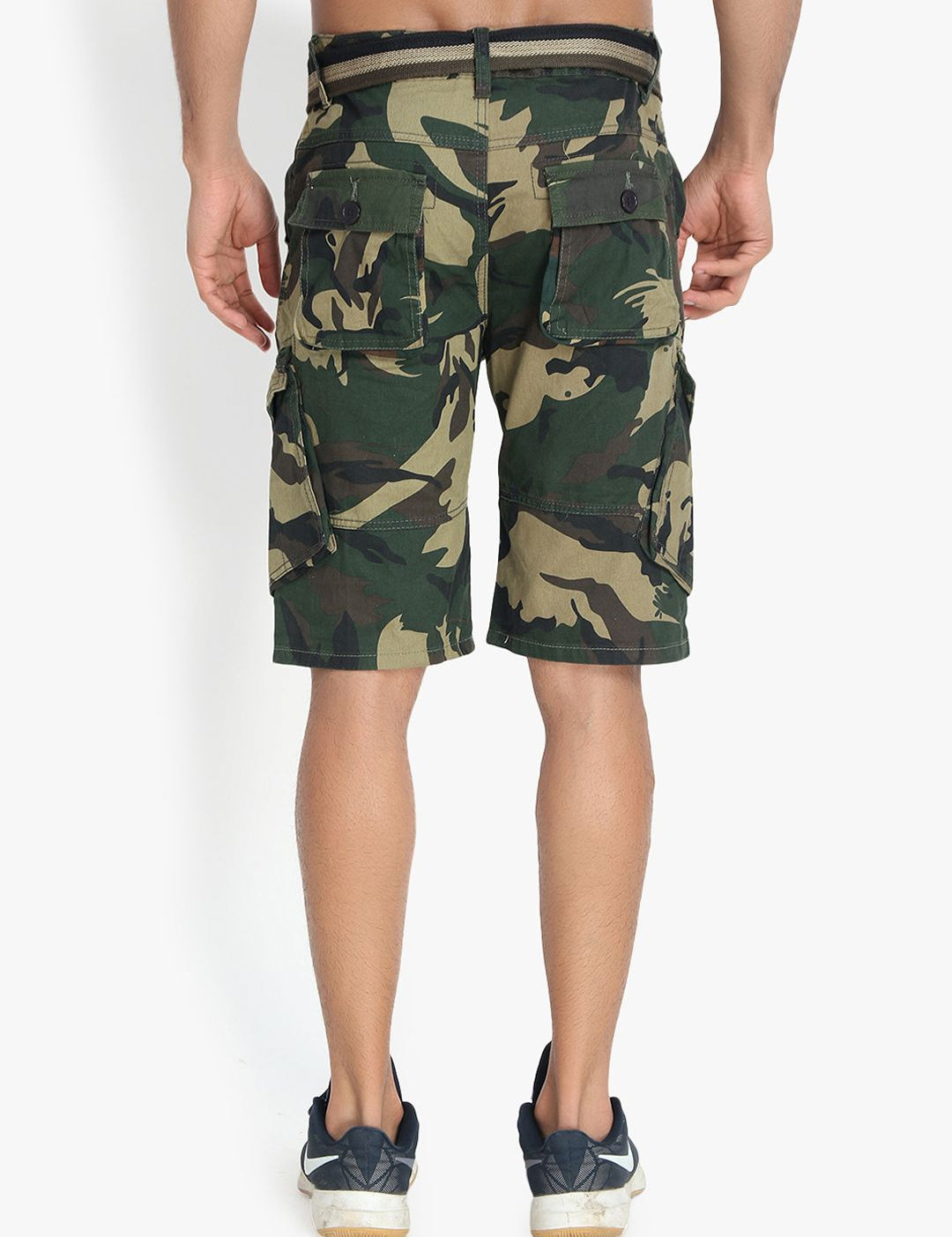 Kotty Men Olive Green & Yellow Camouflage Printed Regular Fit Cargo Shorts