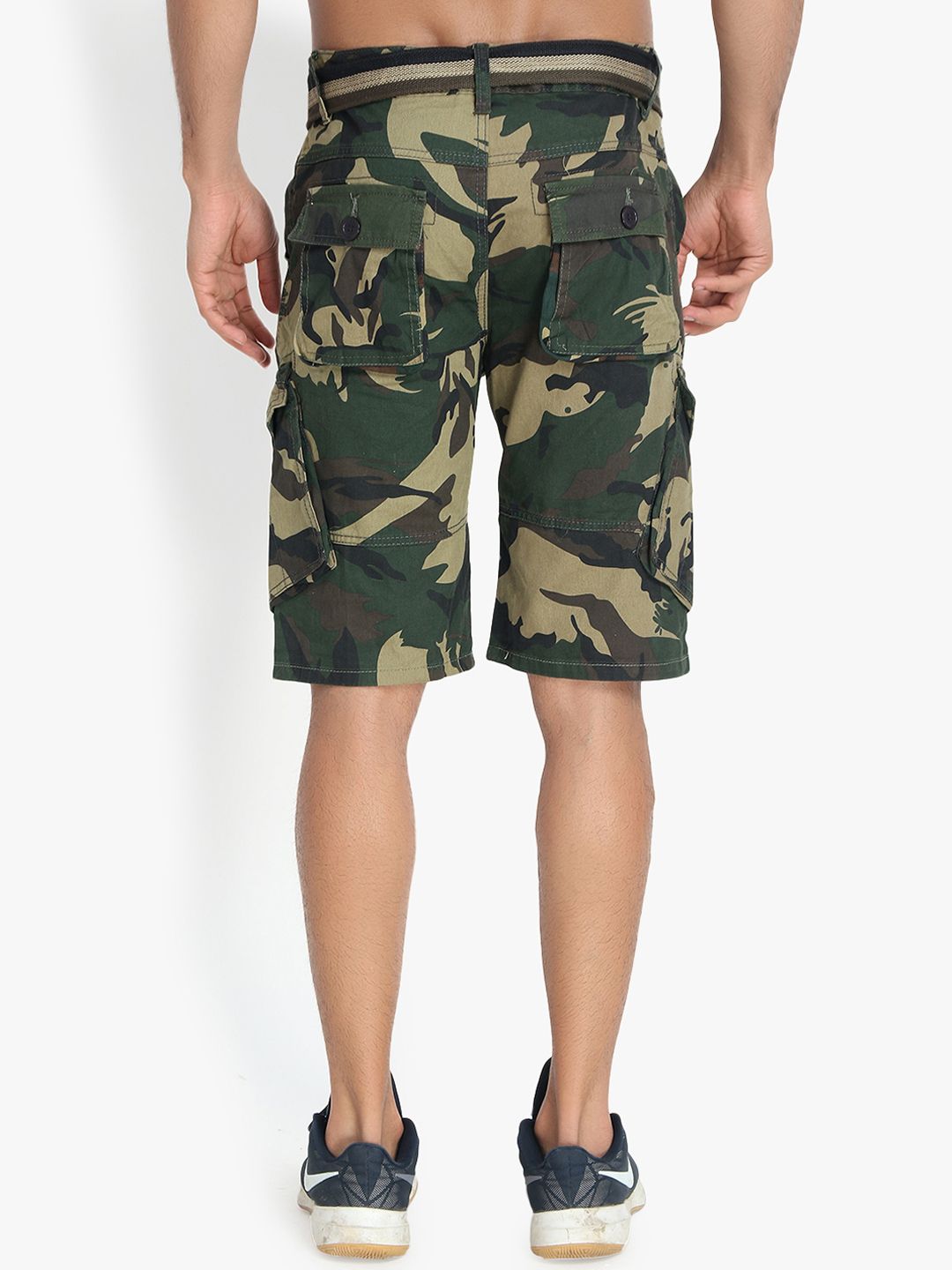 Kotty Men Olive Green & Yellow Camouflage Printed Regular Fit Cargo Shorts