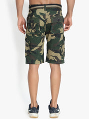 Kotty Men Olive Green & Yellow Camouflage Printed Regular Fit Cargo Shorts