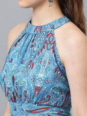 Kotty Blue Floral Printed Round Neck Maxi Dress