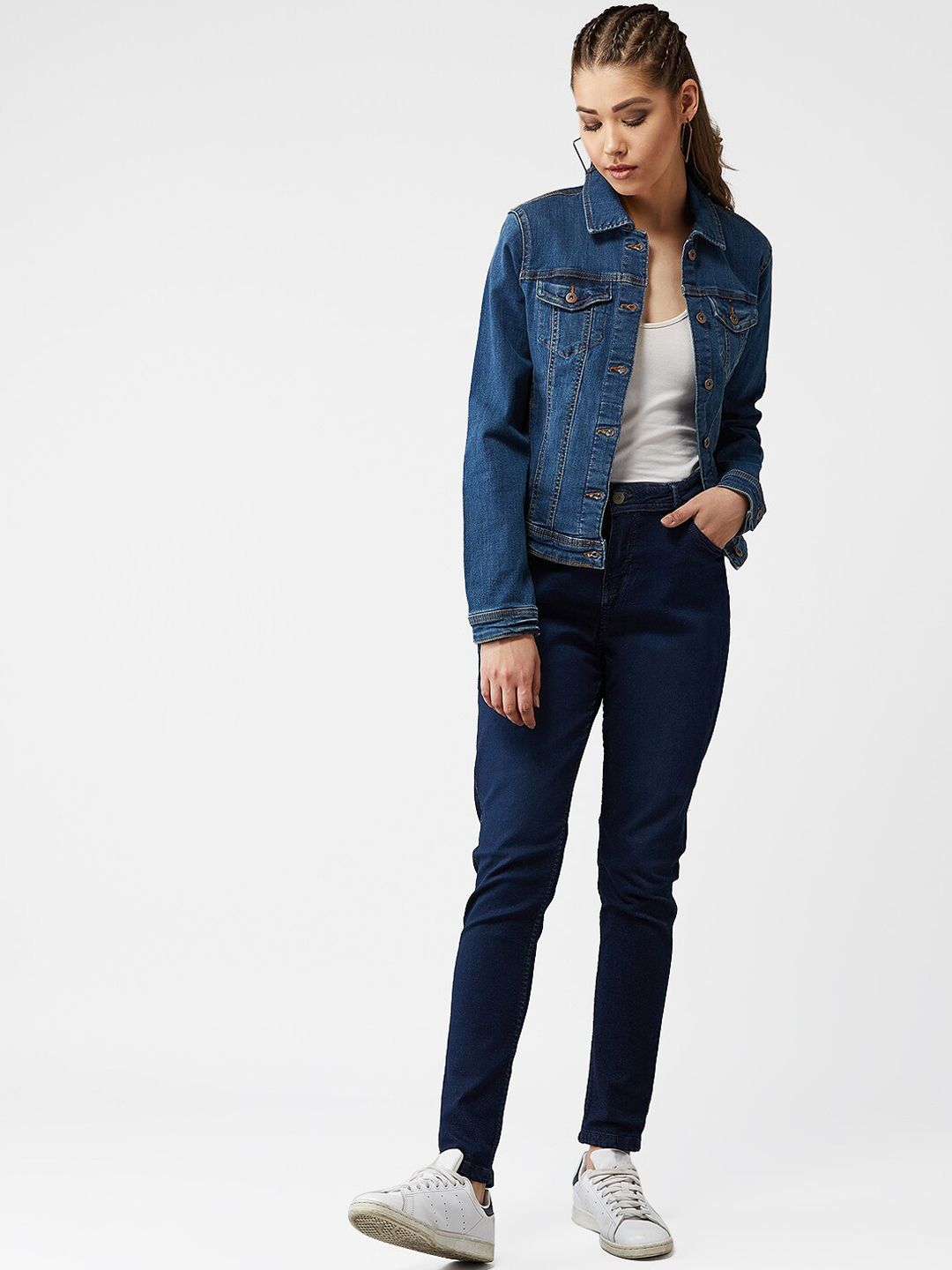 Kotty Women Navy Blue Solid Denim Jacket