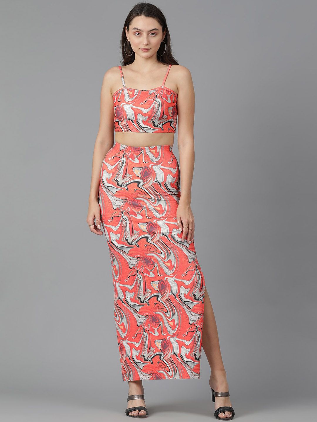 Kotty Abstract Printed Shoulder Straps Sleeveless Top And Skirt