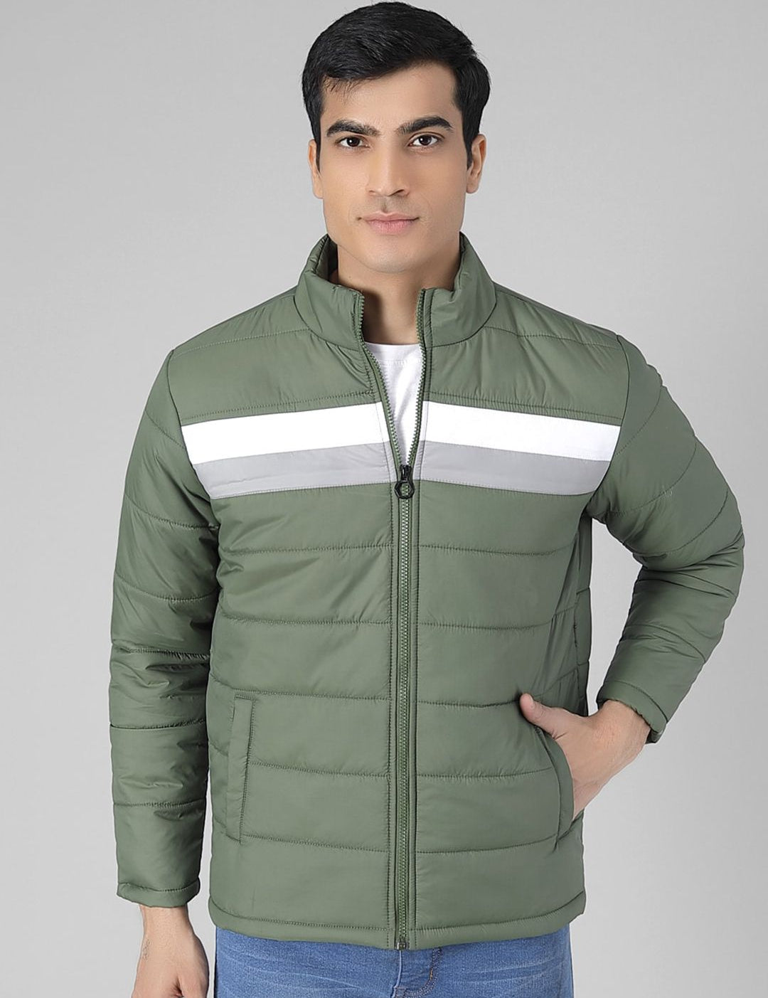 Kotty Men Olive Green Colourblocked Puffer Jacket