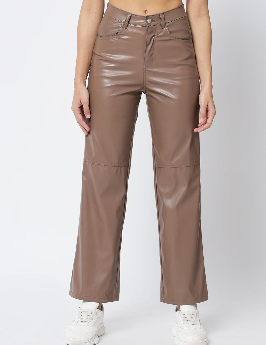 Kotty Women Brown Relaxed Straight Fit PU Leather Parallel Trousers