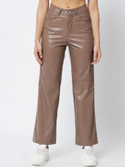 Kotty Women Brown Relaxed Straight Fit PU Leather Parallel Trousers