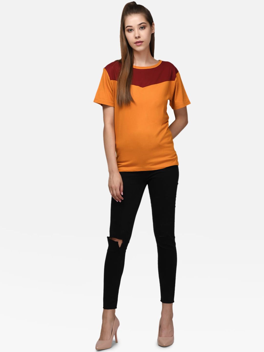 Kotty Women Maroon & Orange Colourblocked Boat Neck T-shirt