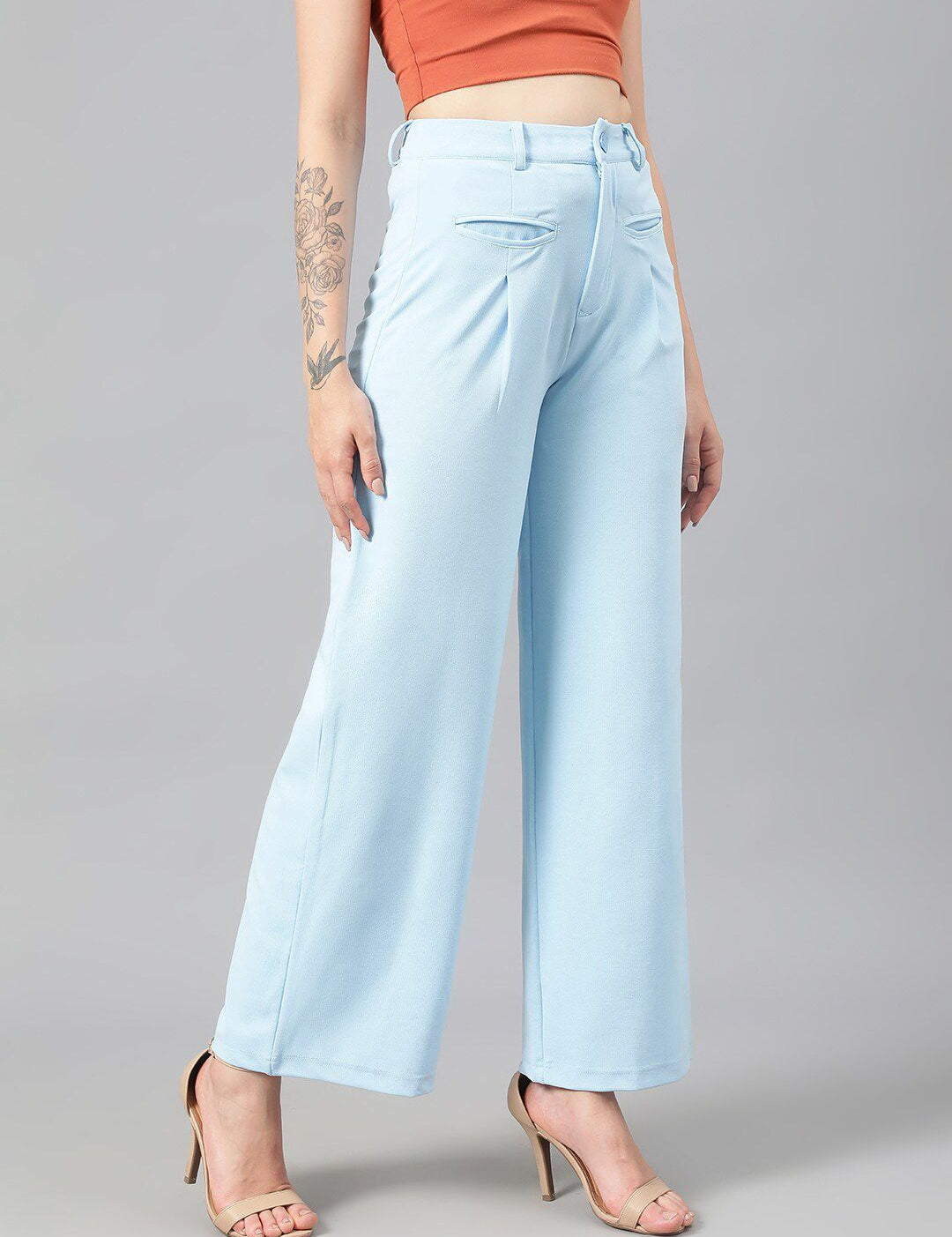 Kotty Women Blue Relaxed Straight Leg Fit High-Rise Easy Wash Parallel Trousers