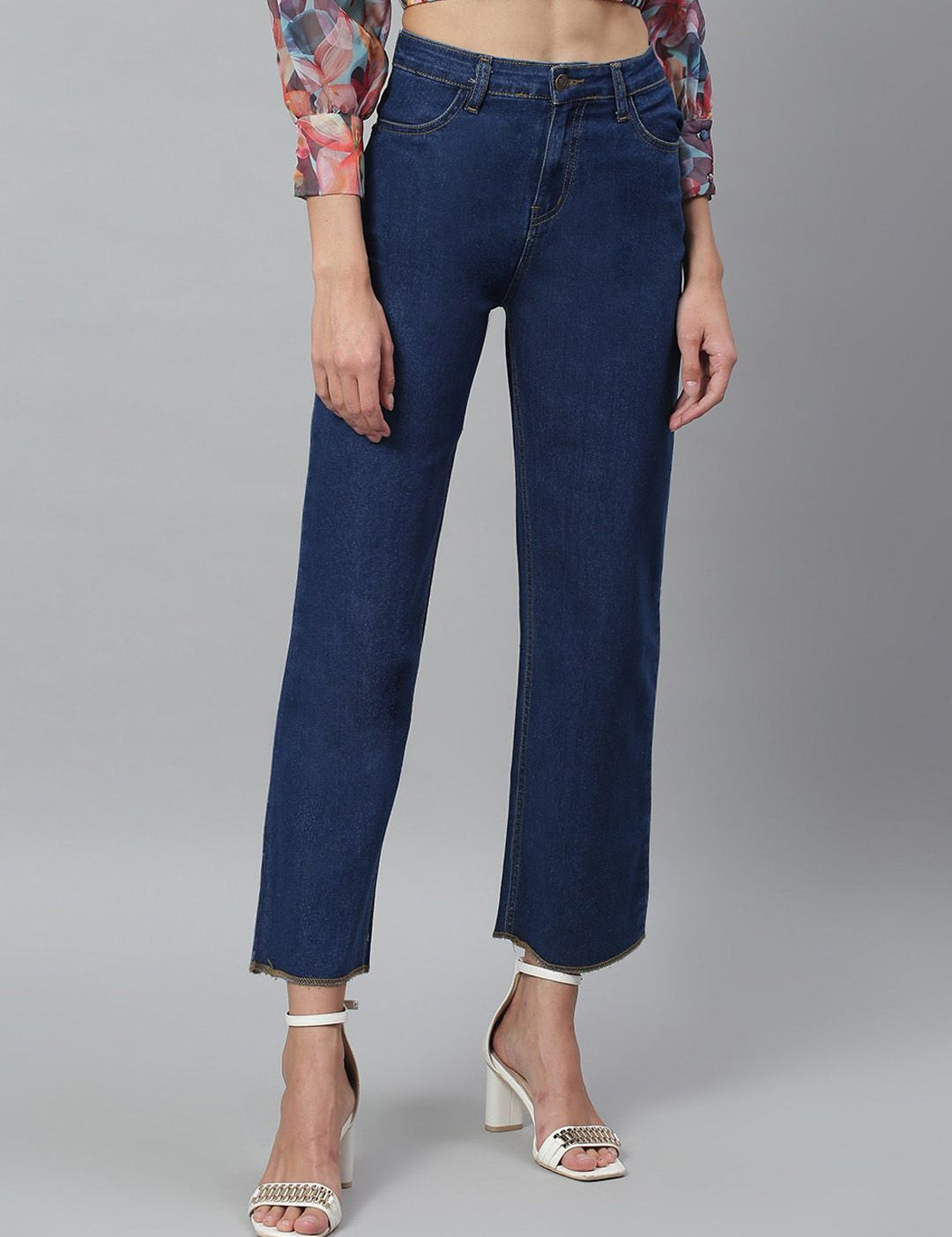 Kotty Women Blue Solid Cotton High Rise Crop Flared Jeans