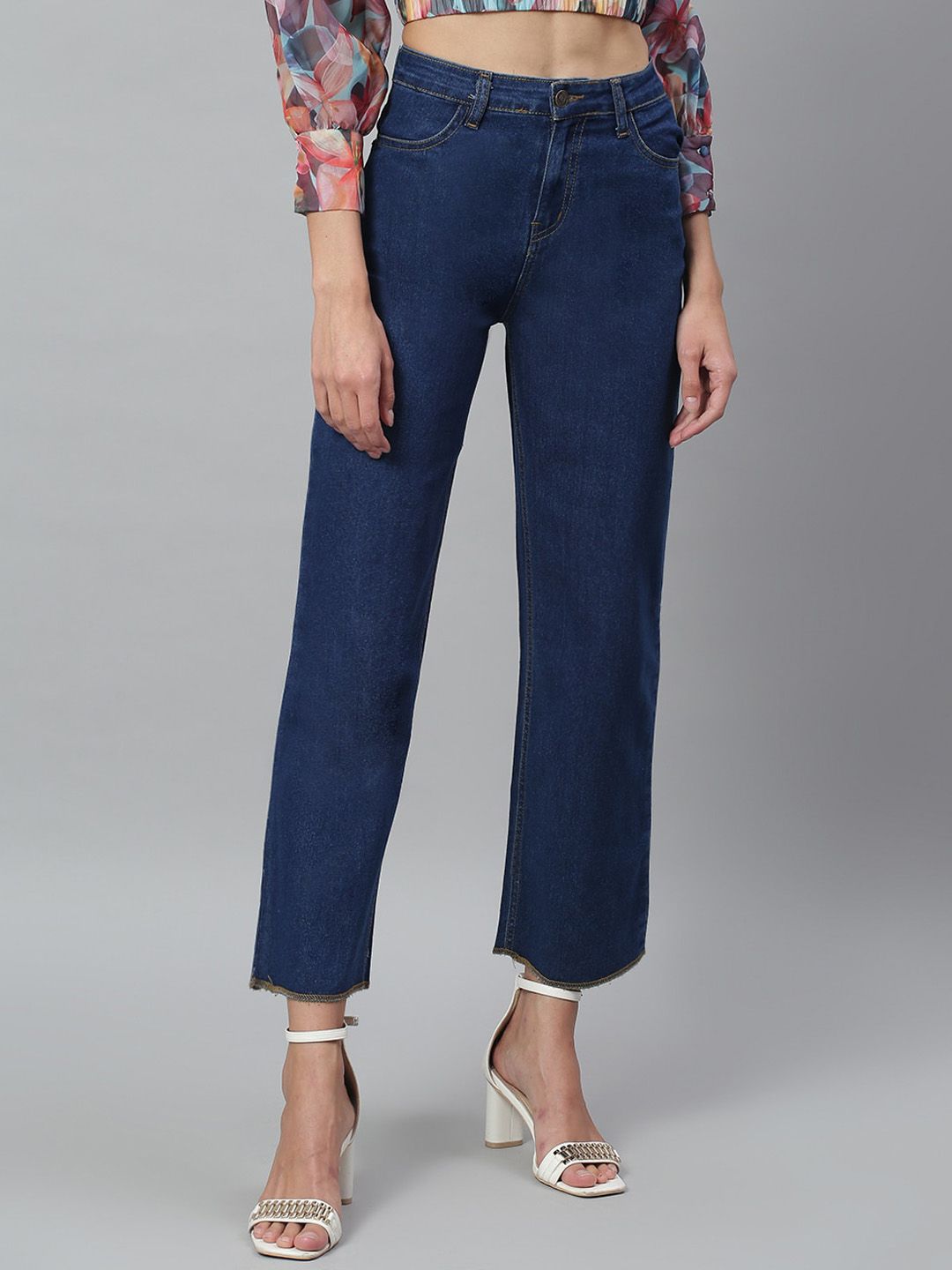 Kotty Women Blue Solid Cotton High Rise Crop Flared Jeans