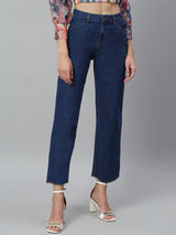Kotty Women Blue Solid Cotton High Rise Crop Flared Jeans
