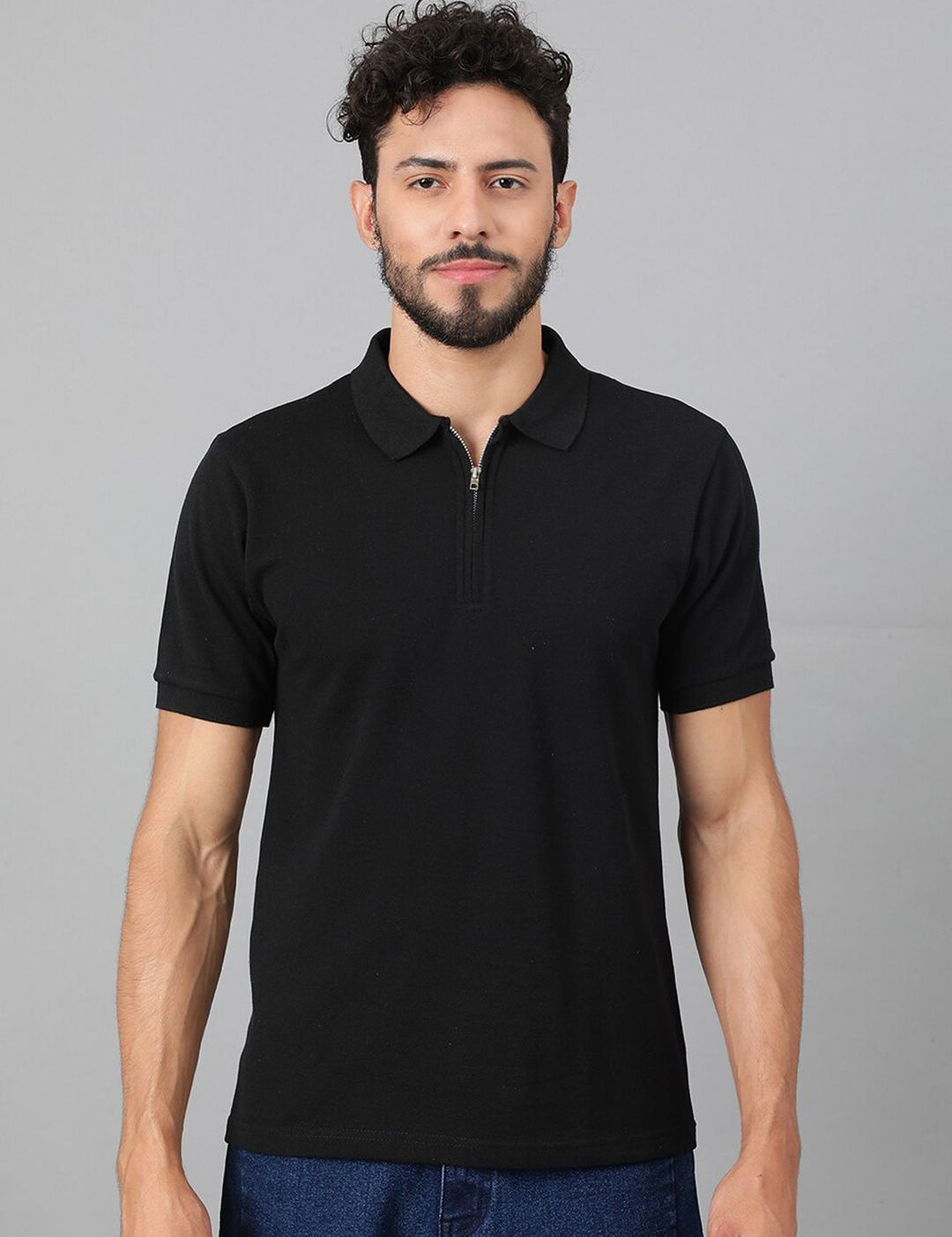 Kotty Black Polo Collar Cotton T-shirt