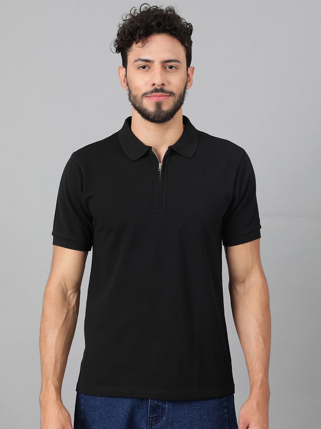 Kotty Black Polo Collar Cotton T-shirt