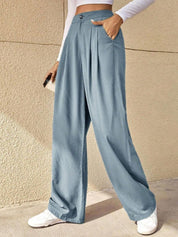 Kotty Women Blue Relaxed Straight Leg Straight Fit High-Rise Easy Wash Pleated Trousers