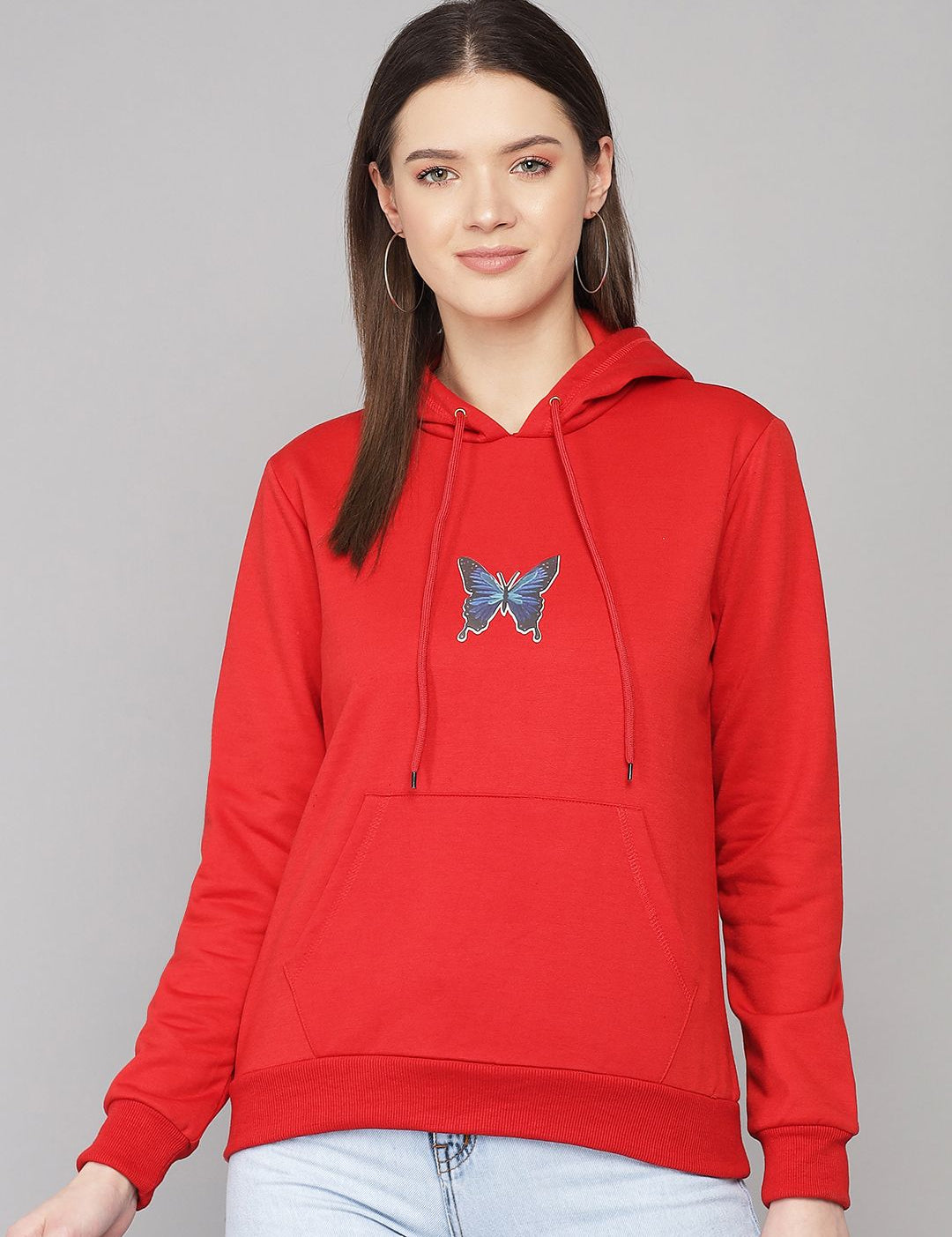 Kotty Women Red Printed Hooded Fleece Sweatshirt
