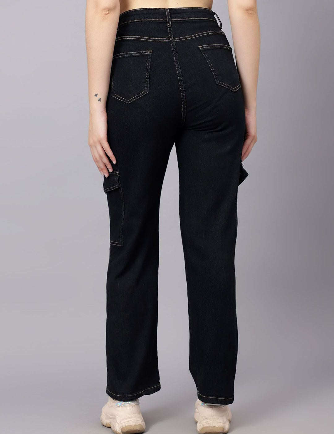 KOTTY Basics Women Straight Fit High-Rise Mildly Distressed Stretchable Cargo Styles Jeans