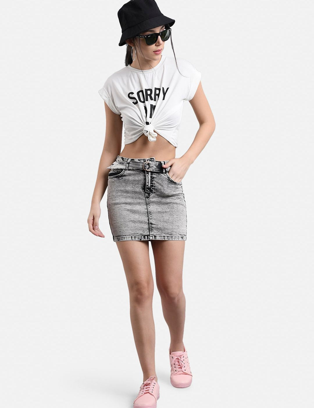Kotty Women Grey Washed Denim Mini Straight Skirt