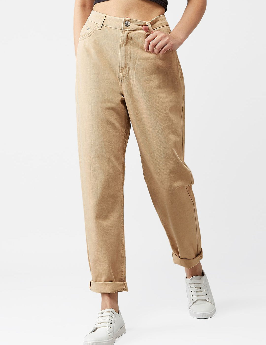 Kotty Women Beige Boyfriend Fit High-Rise Clean Look Jeans