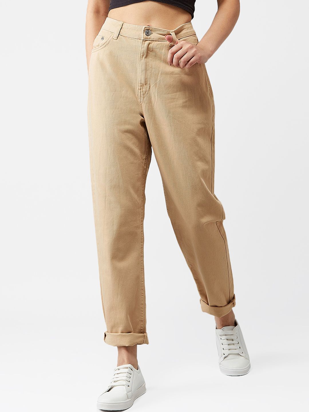 Kotty Women Beige Boyfriend Fit High-Rise Clean Look Jeans