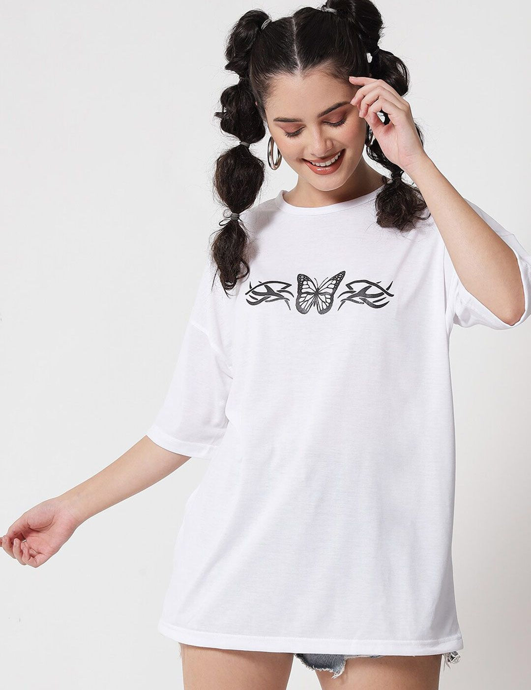 Kotty Women White Typography Printed Oversized T-shirt