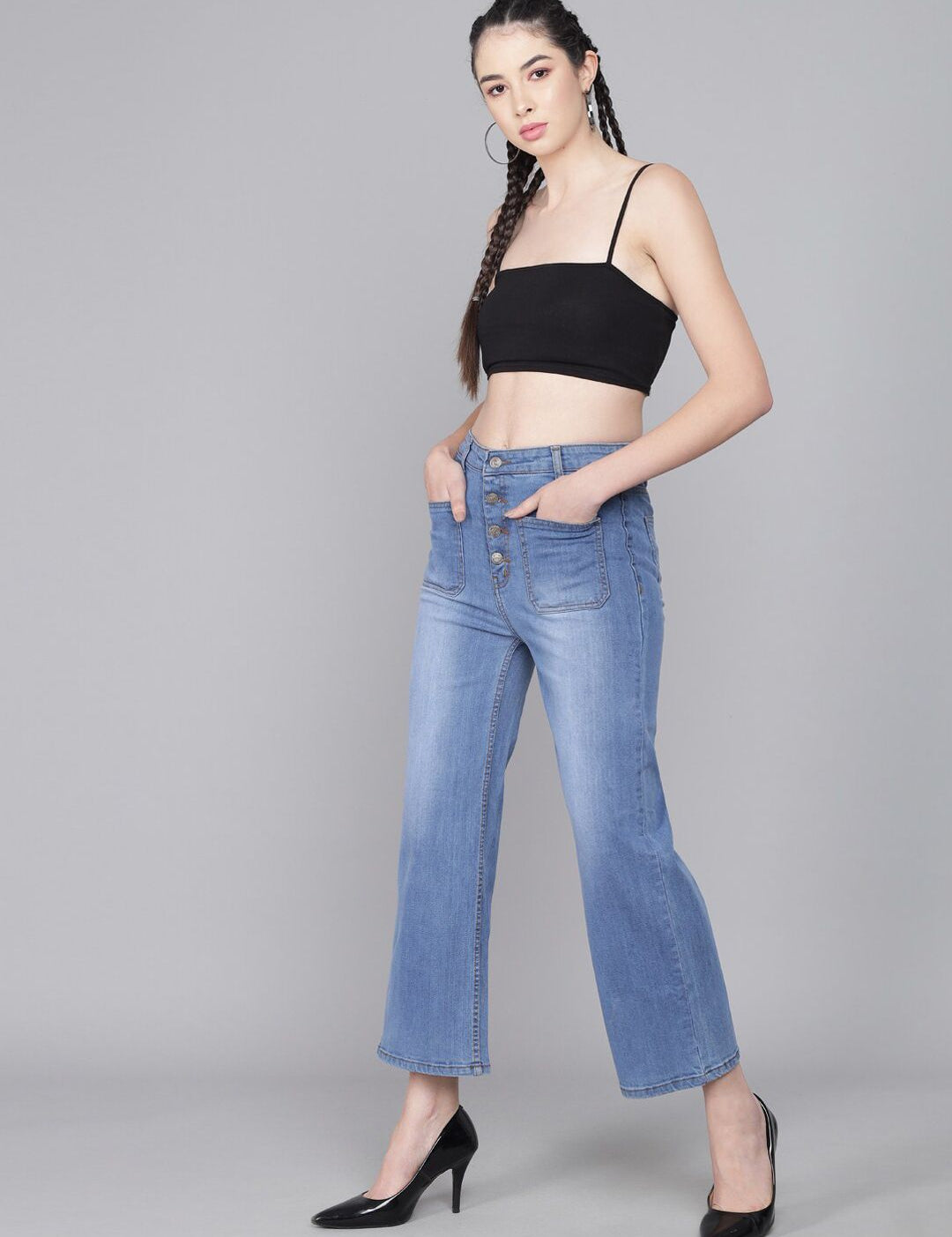 Kotty Women Blue Flared High-Rise Heavy Fade Jeans