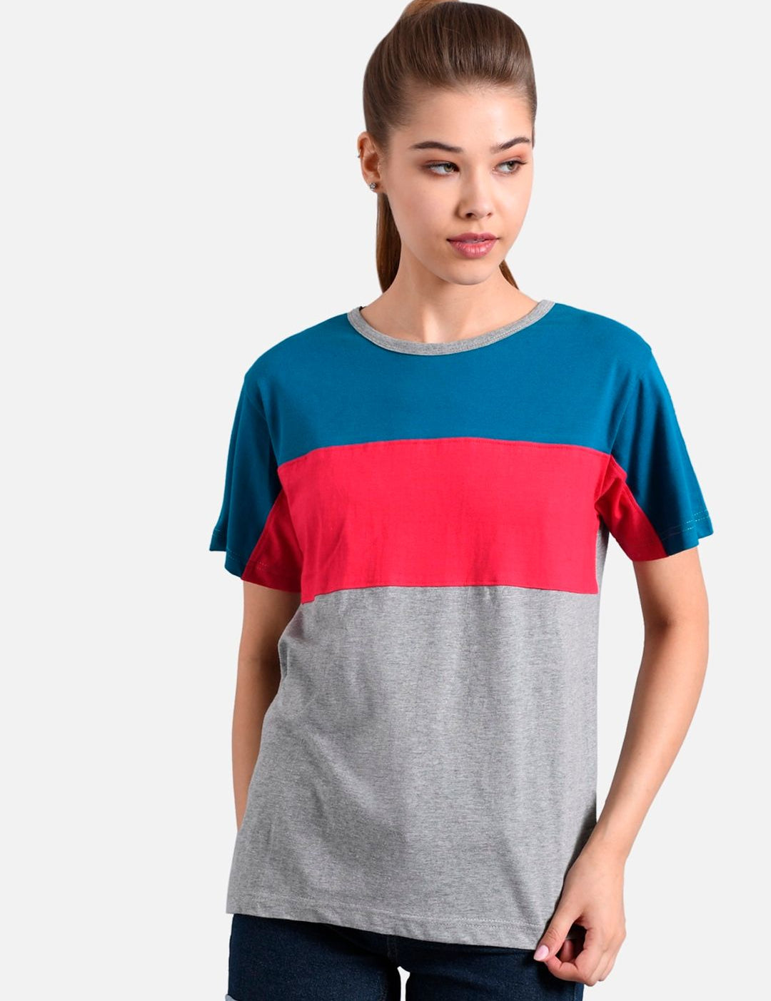 Kotty Women Grey & Blue Colourblocked Round Neck T-shirt