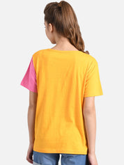 Kotty Women Pink & Mustard Yellow Colourblocked Round Neck T-shirt