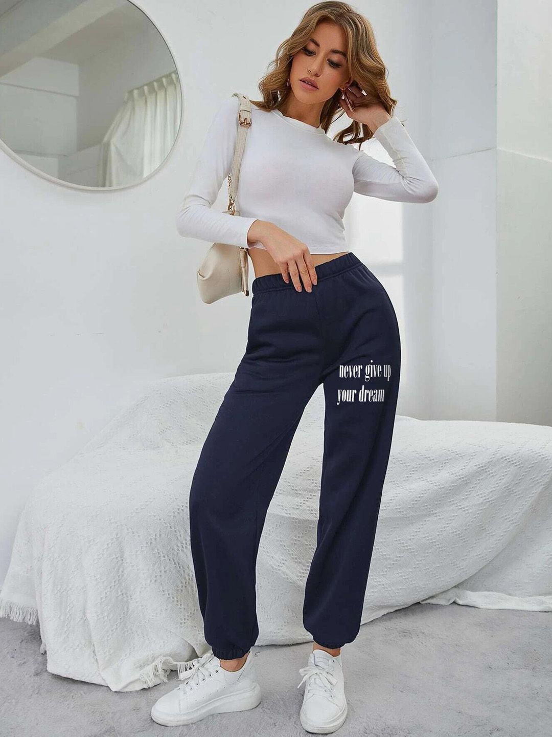 Kotty Women Navy Blue Typography Printed Relaxed Fit Pure Cotton Joggers