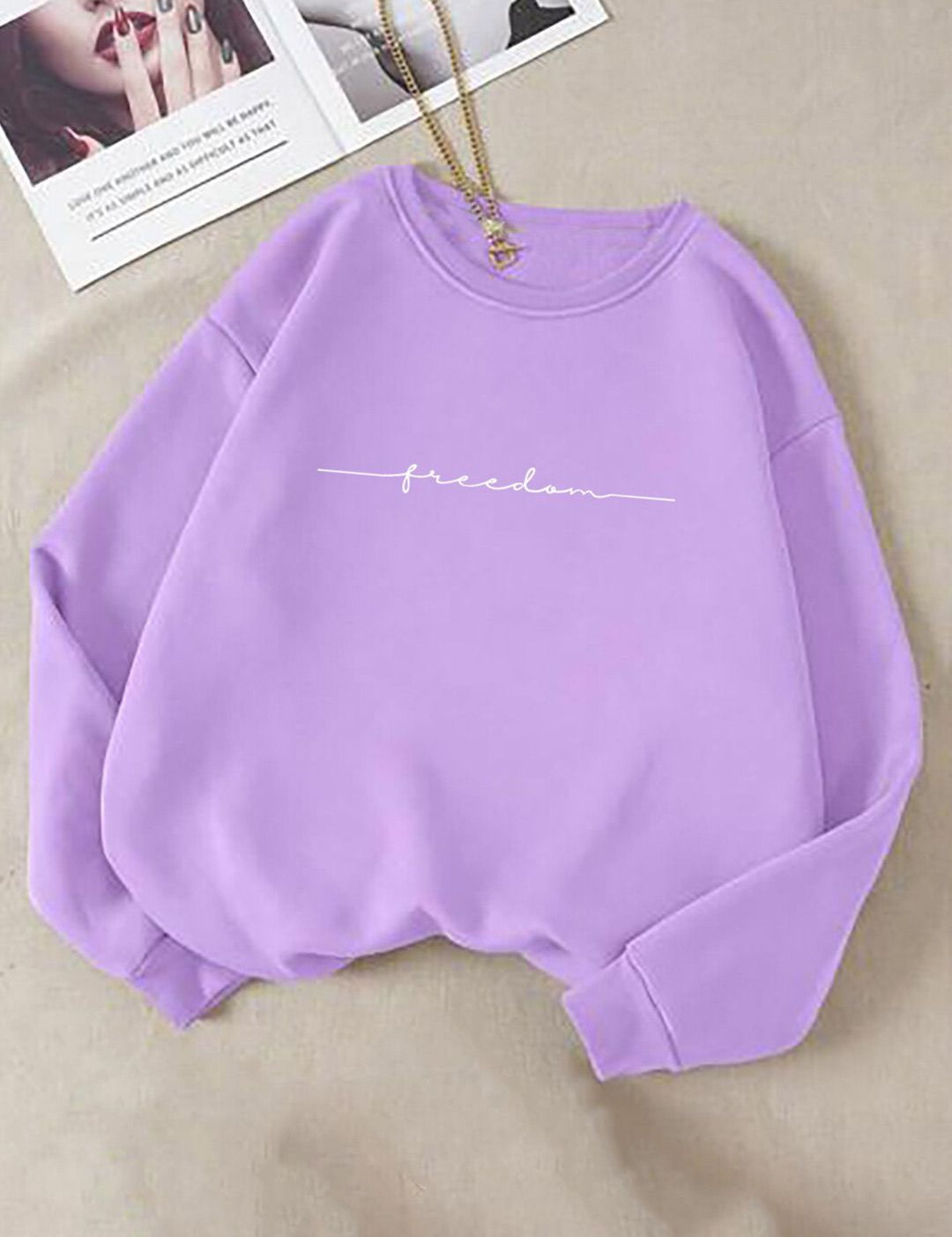 Kotty Purple & White Typography Printed Fleece Pullover