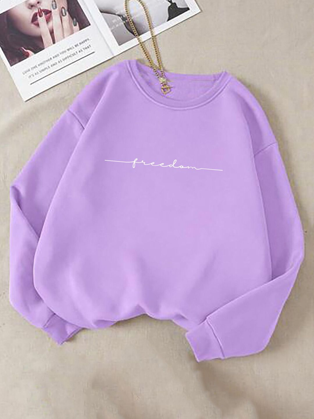 Kotty Purple & White Typography Printed Fleece Pullover