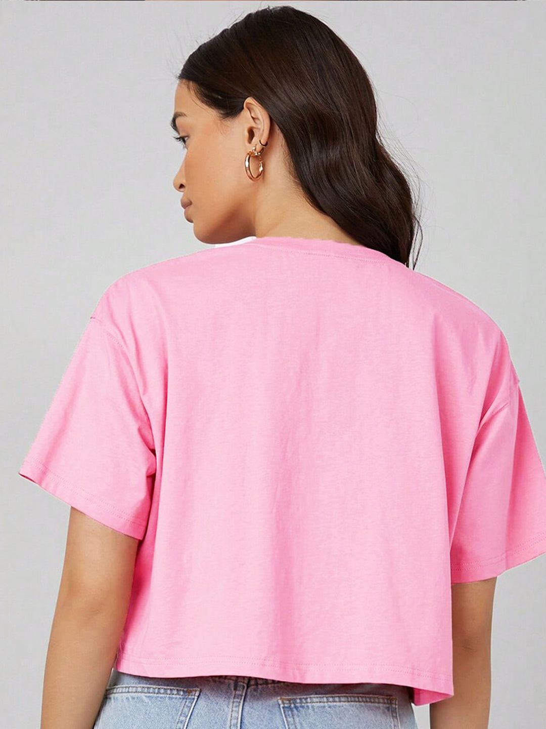 Kotty Round Neck  Drop-Shoulder Sleeves Graphic Printed Oversized Crop T-shirt