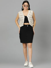 Kotty Geometric Self Design Crochet V-Neck High-Low Crop Top