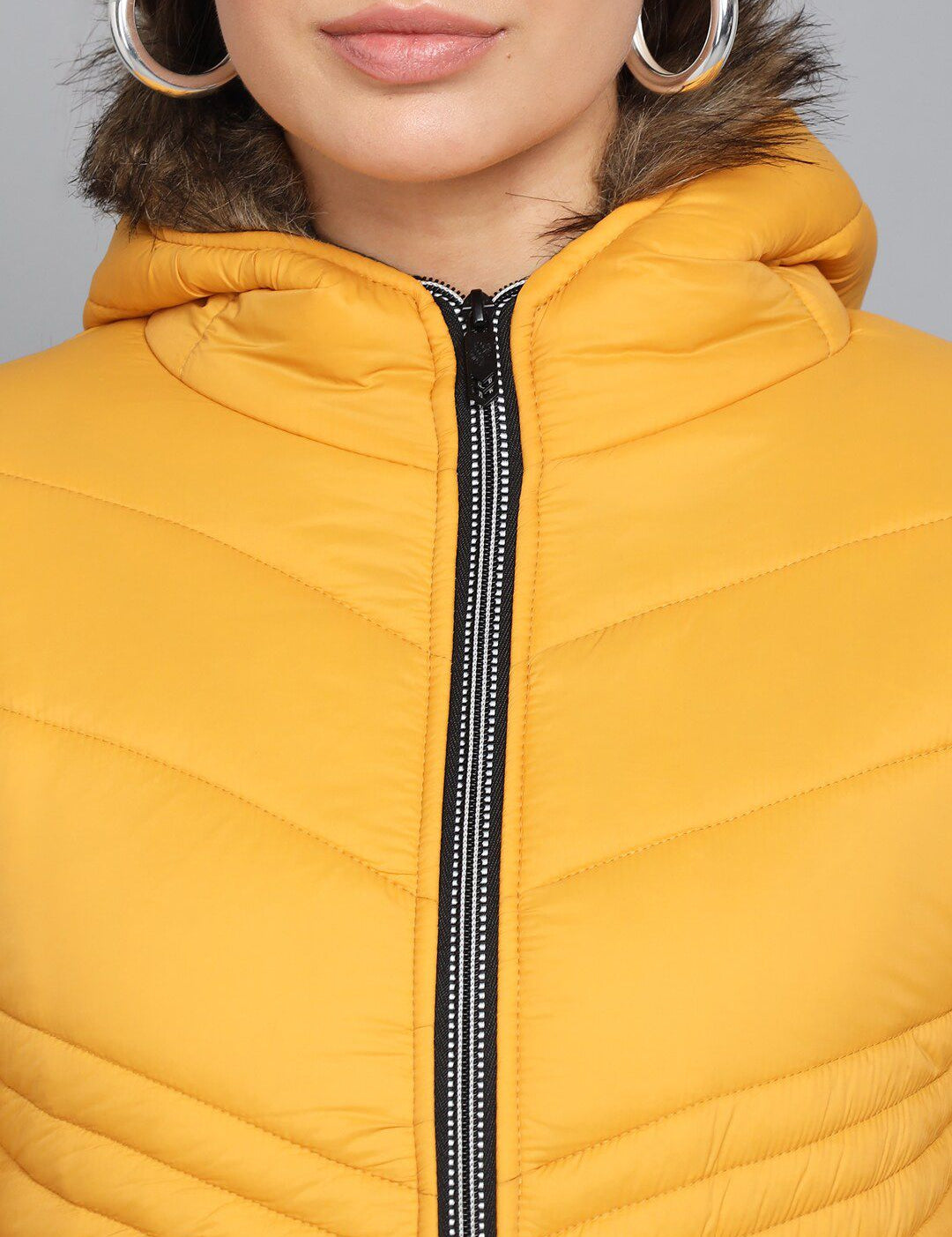 Kotty Women Yellow Striped Hooded Puffer Jacket