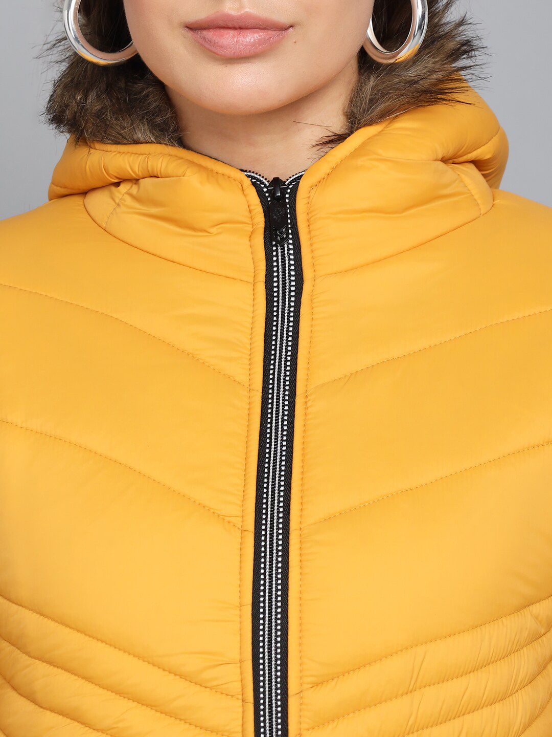 Kotty Women Yellow Striped Hooded Puffer Jacket